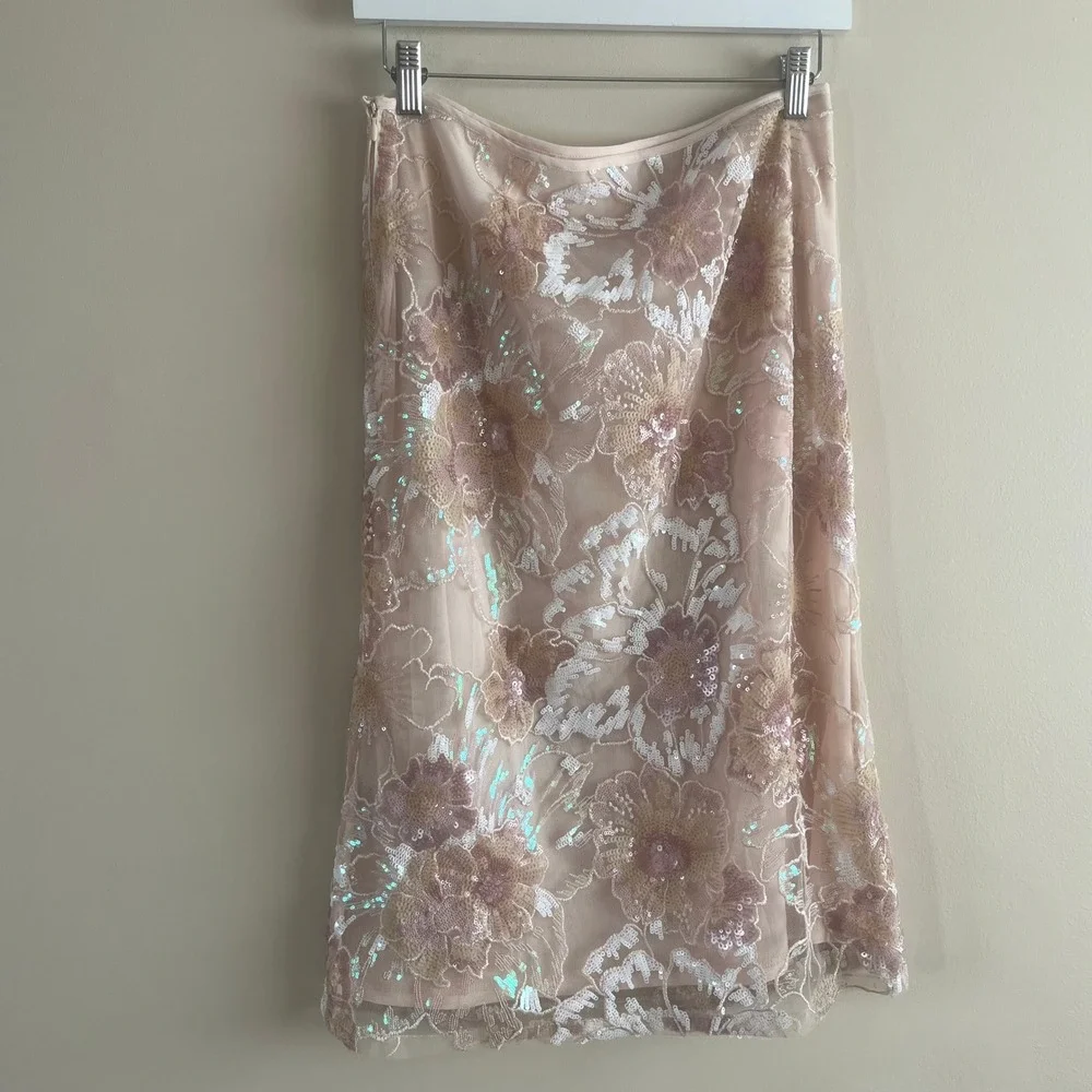 Sasha Therese Orion Skirt Sequin Floral Blush Embroidered Mesh Midi XS Fairycore